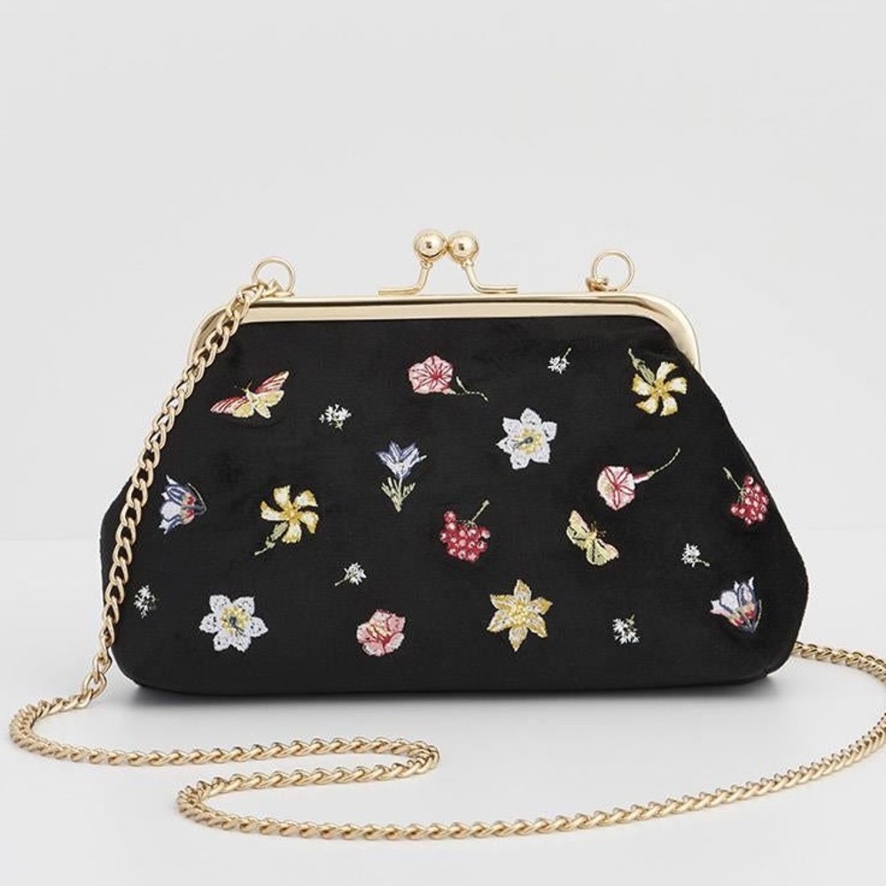 Wolf Garden Ditsy Embroidered Black Velvet Clutch